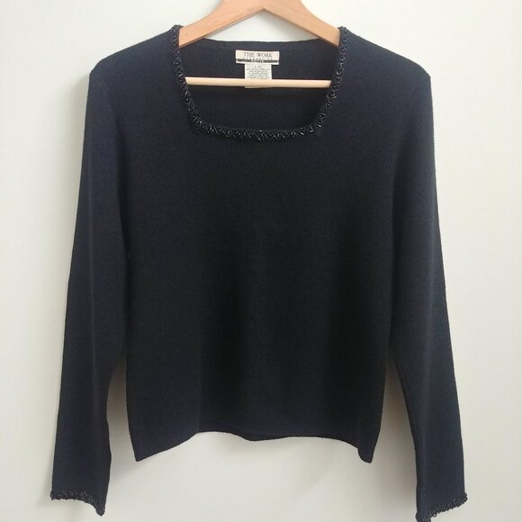 Vintage Hong Kong beaded trim square neckline black sweater top Large Pe… - Picture 1 of 12